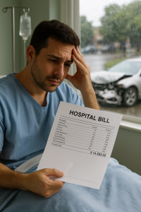 Accident scene with two damaged vehicles on a Texas road and Giron Kirby Law Group logo, representing car crash victims seeking help with medical bills after an accident.